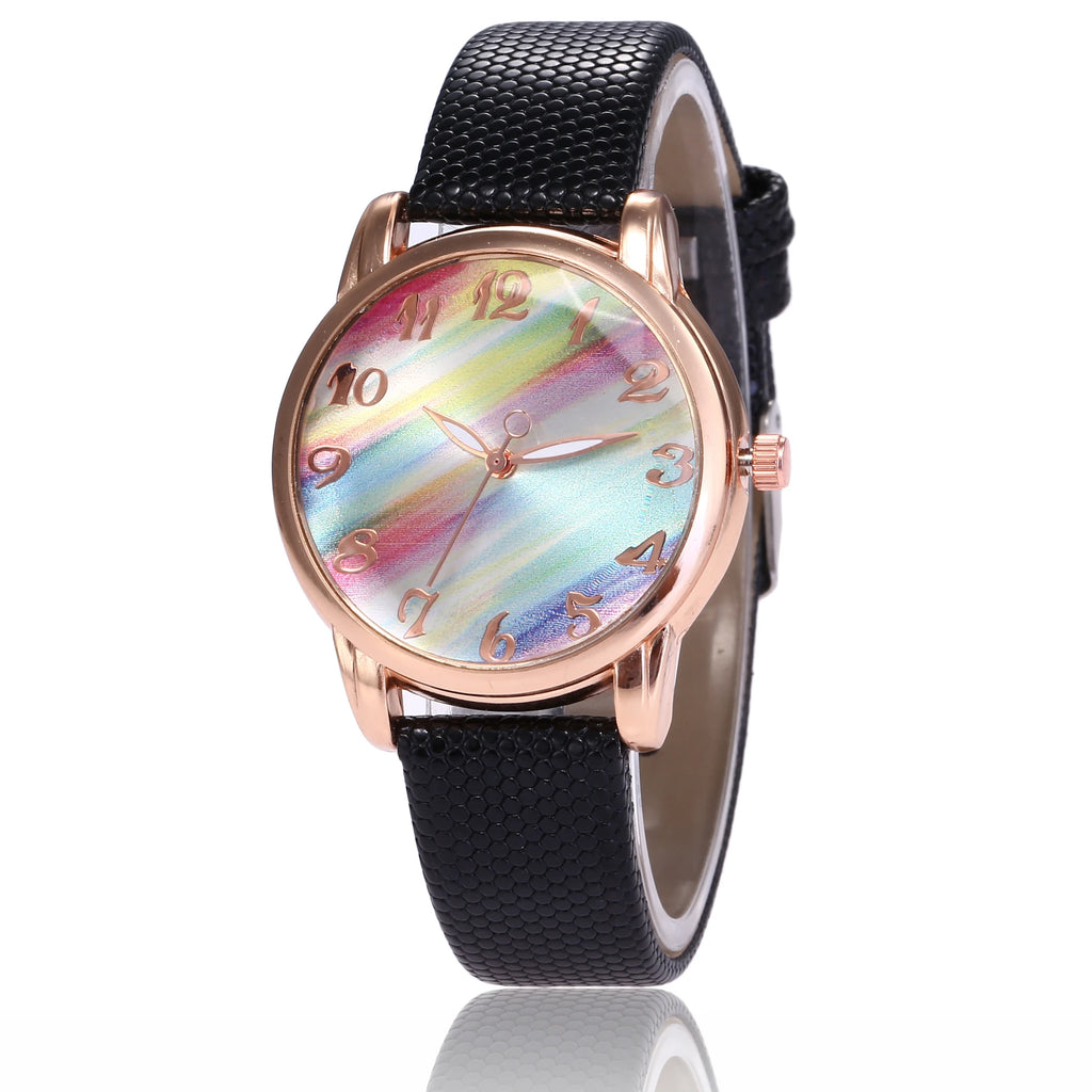 Candy Rainbow Quartz Watch for Women Casual Fashion Colorful Leather Strap Wristwatch Student Daily Ladies Watch