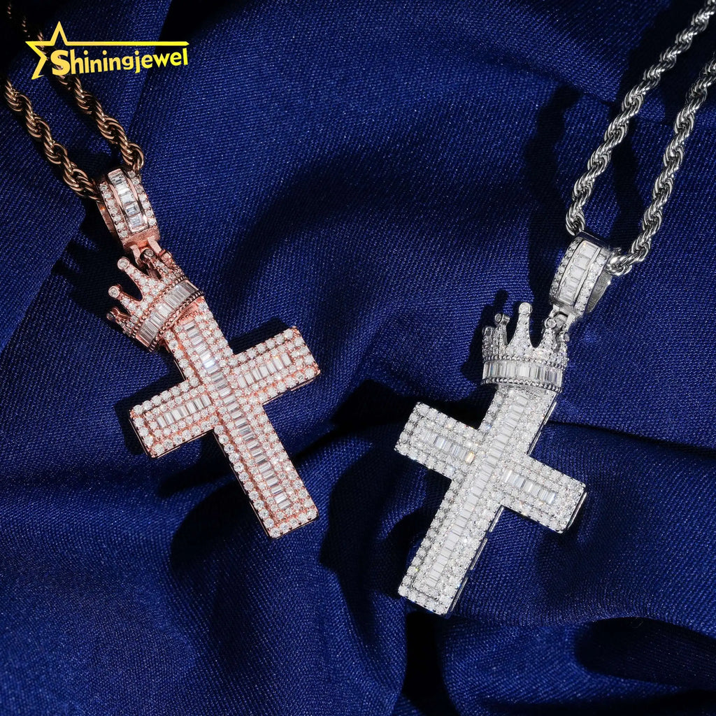 USA Local Stock Hot Sale Jewelry 925 Silver Moissanite Crown Cross Pendant Hip Hop Iced Out Baguette Diamond Pendant Pass Tester