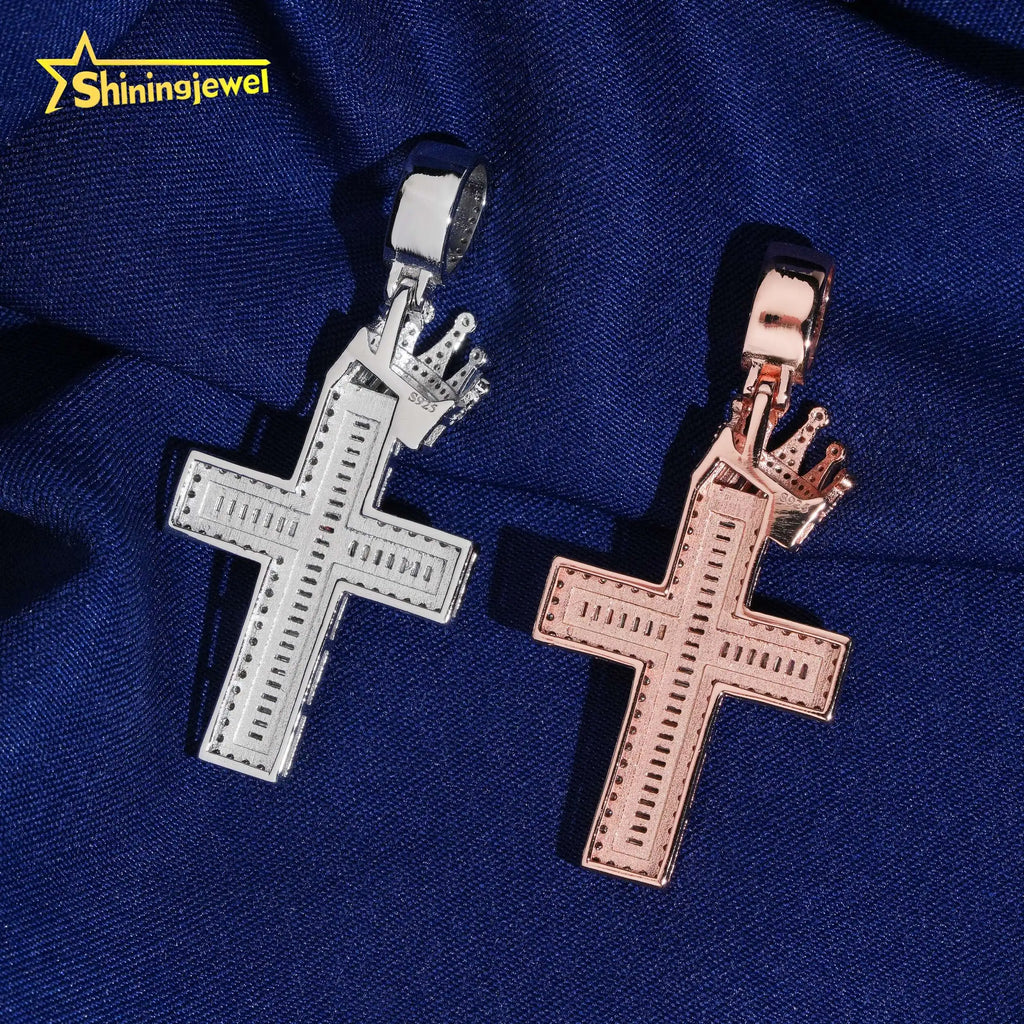USA Local Stock Hot Sale Jewelry 925 Silver Moissanite Crown Cross Pendant Hip Hop Iced Out Baguette Diamond Pendant Pass Tester