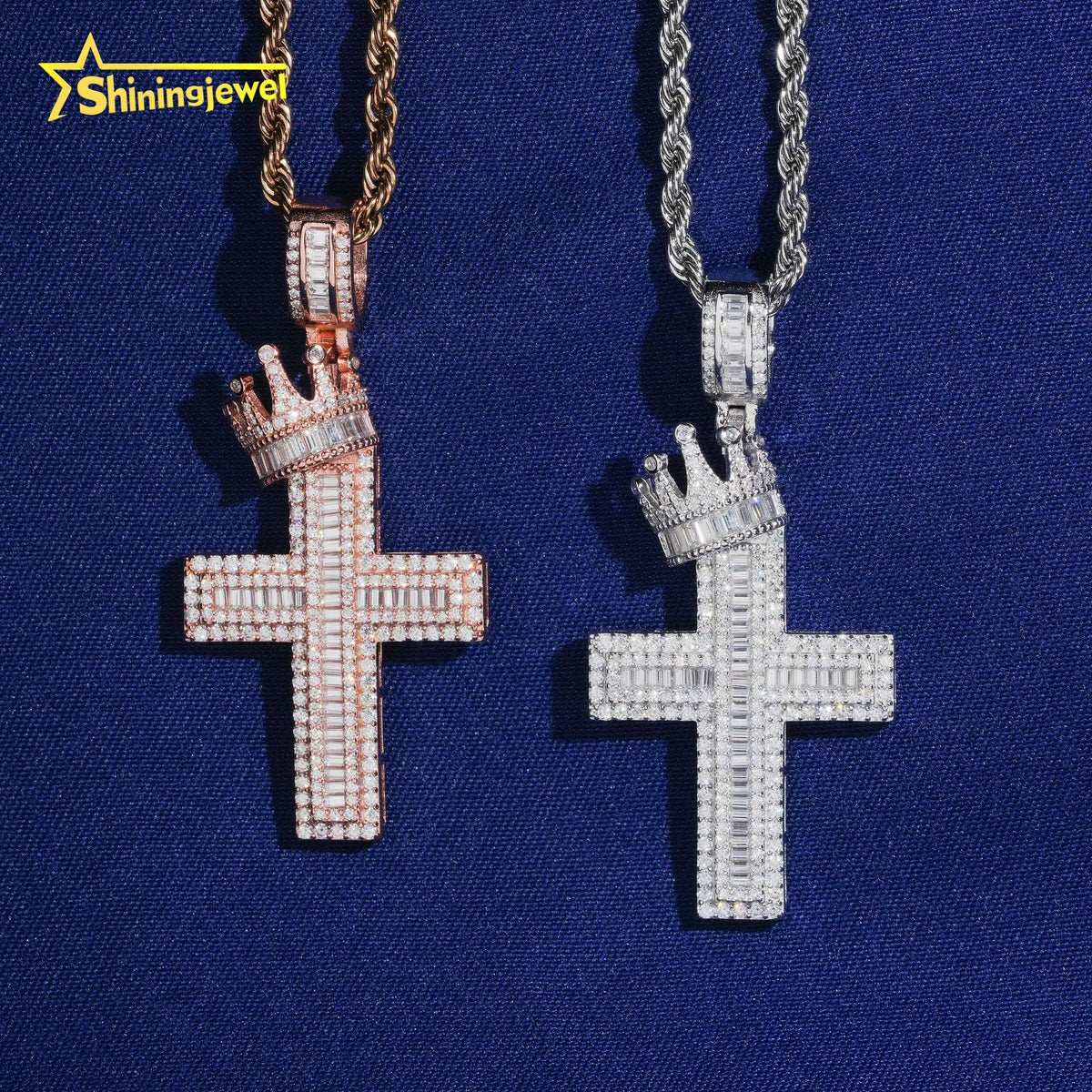 USA Local Stock Hot Sale Jewelry 925 Silver Moissanite Crown Cross Pendant Hip Hop Iced Out Baguette Diamond Pendant Pass Tester