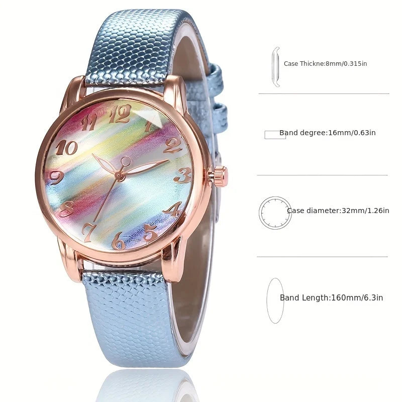 Candy Rainbow Quartz Watch for Women Casual Fashion Colorful Leather Strap Wristwatch Student Daily Ladies Watch