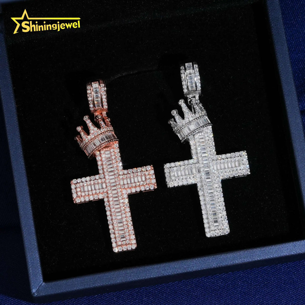 USA Local Stock Hot Sale Jewelry 925 Silver Moissanite Crown Cross Pendant Hip Hop Iced Out Baguette Diamond Pendant Pass Tester