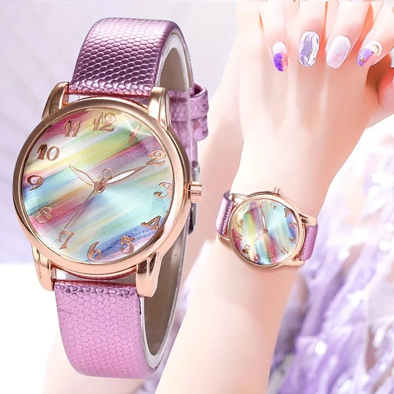 Candy Rainbow Quartz Watch for Women Casual Fashion Colorful Leather Strap Wristwatch Student Daily Ladies Watch