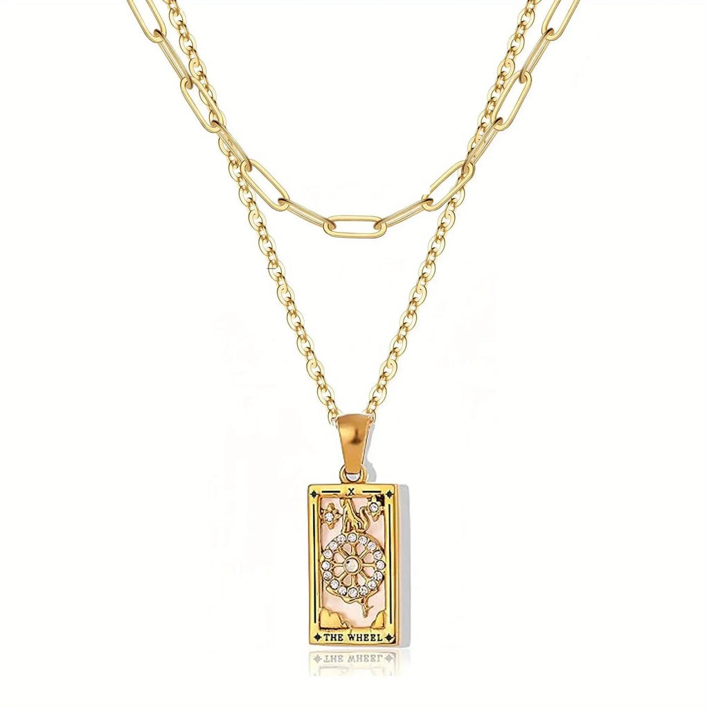 Elegant 18K Gold Stainless Steel Multi-Layered Tarot Card Holder Necklace with Adjustable Chian Holiday Party Jewellery Gift