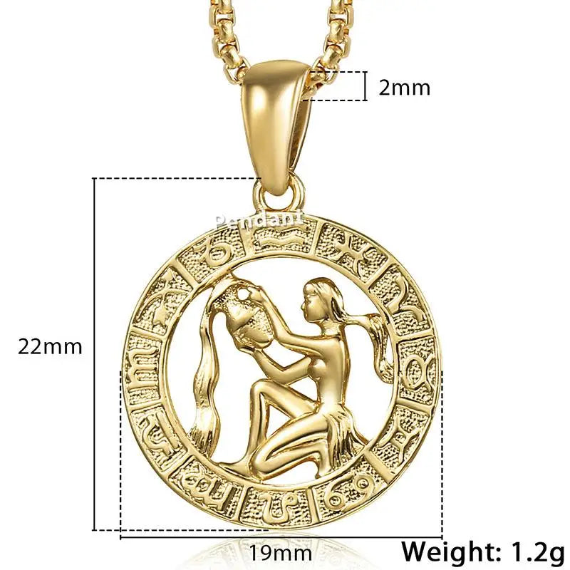 Chic Dainty Zodiac Necklace Women Gold Color Stainless Steel Box Chain 12 Constellation Horoscope Collar Hombre Stylish
