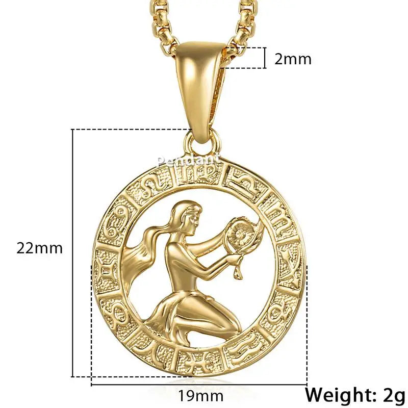 Chic Dainty Zodiac Necklace Women Gold Color Stainless Steel Box Chain 12 Constellation Horoscope Collar Hombre Stylish