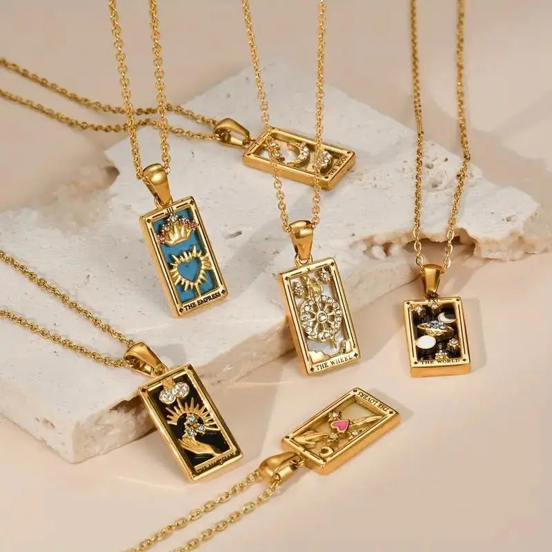 Elegant 18K Gold Stainless Steel Multi-Layered Tarot Card Holder Necklace with Adjustable Chian Holiday Party Jewellery Gift