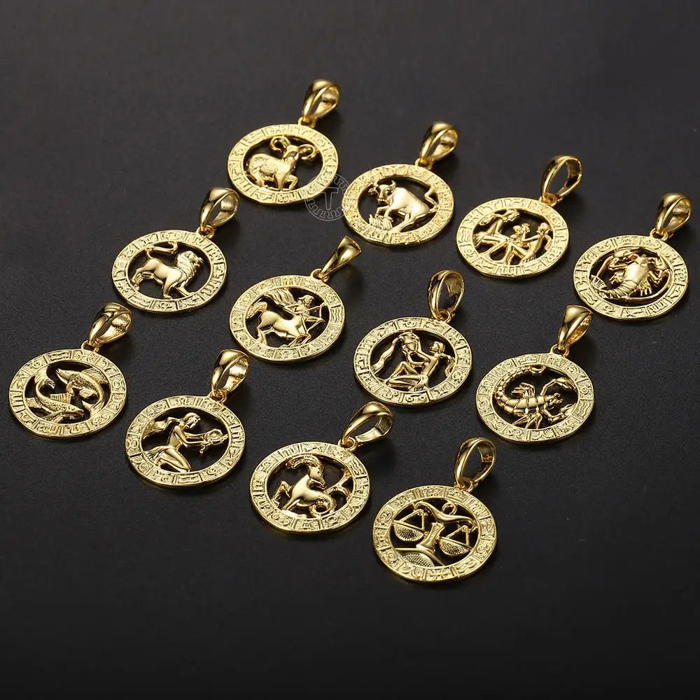 Chic Dainty Zodiac Necklace Women Gold Color Stainless Steel Box Chain 12 Constellation Horoscope Collar Hombre Stylish