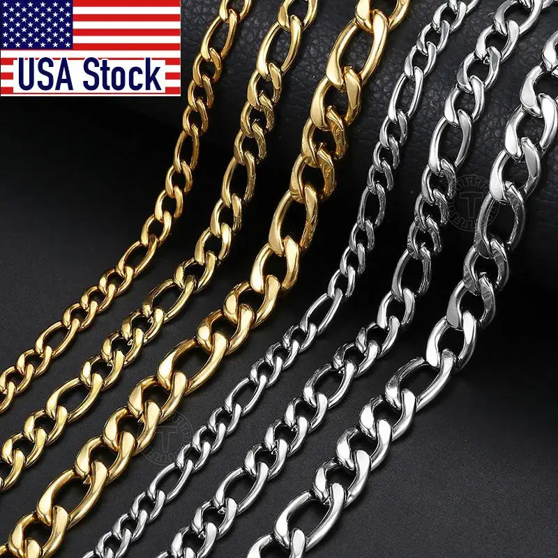 3/5/7/9mm Men's Stainless Steel Necklace Figaro Link Chain Choker for Men Women Gold Color Silver Color Solid Accessories