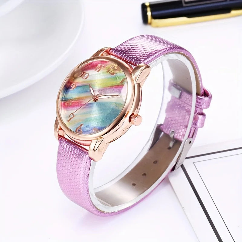 Candy Rainbow Quartz Watch for Women Casual Fashion Colorful Leather Strap Wristwatch Student Daily Ladies Watch