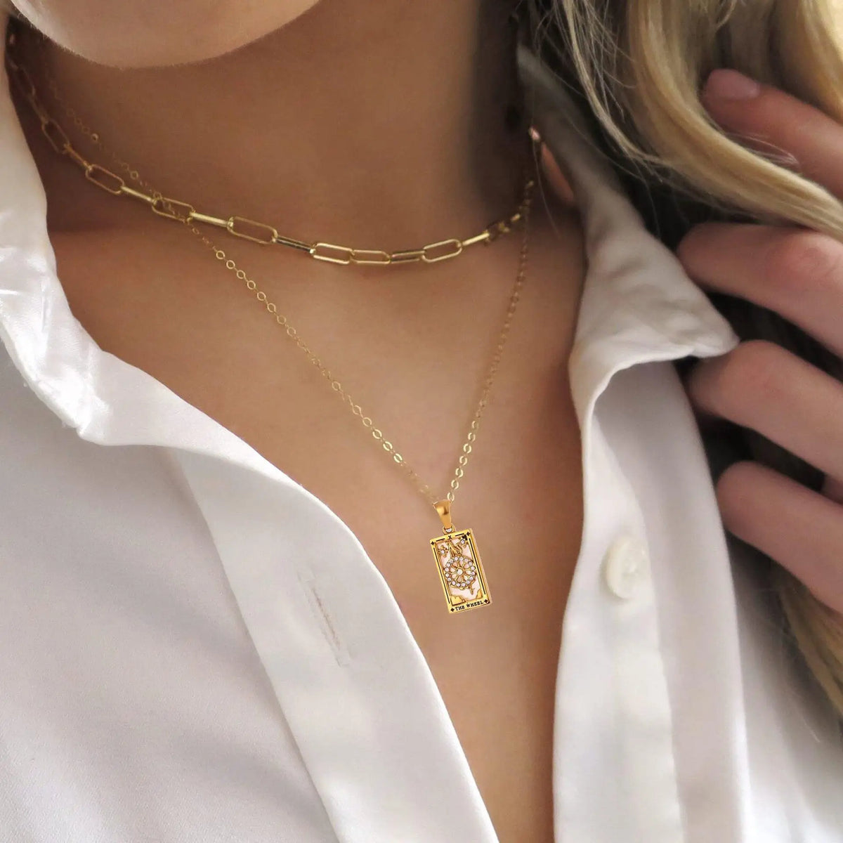 Elegant 18K Gold Stainless Steel Multi-Layered Tarot Card Holder Necklace with Adjustable Chian Holiday Party Jewellery Gift
