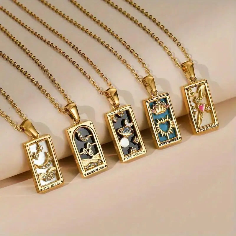 Elegant 18K Gold Stainless Steel Multi-Layered Tarot Card Holder Necklace with Adjustable Chian Holiday Party Jewellery Gift