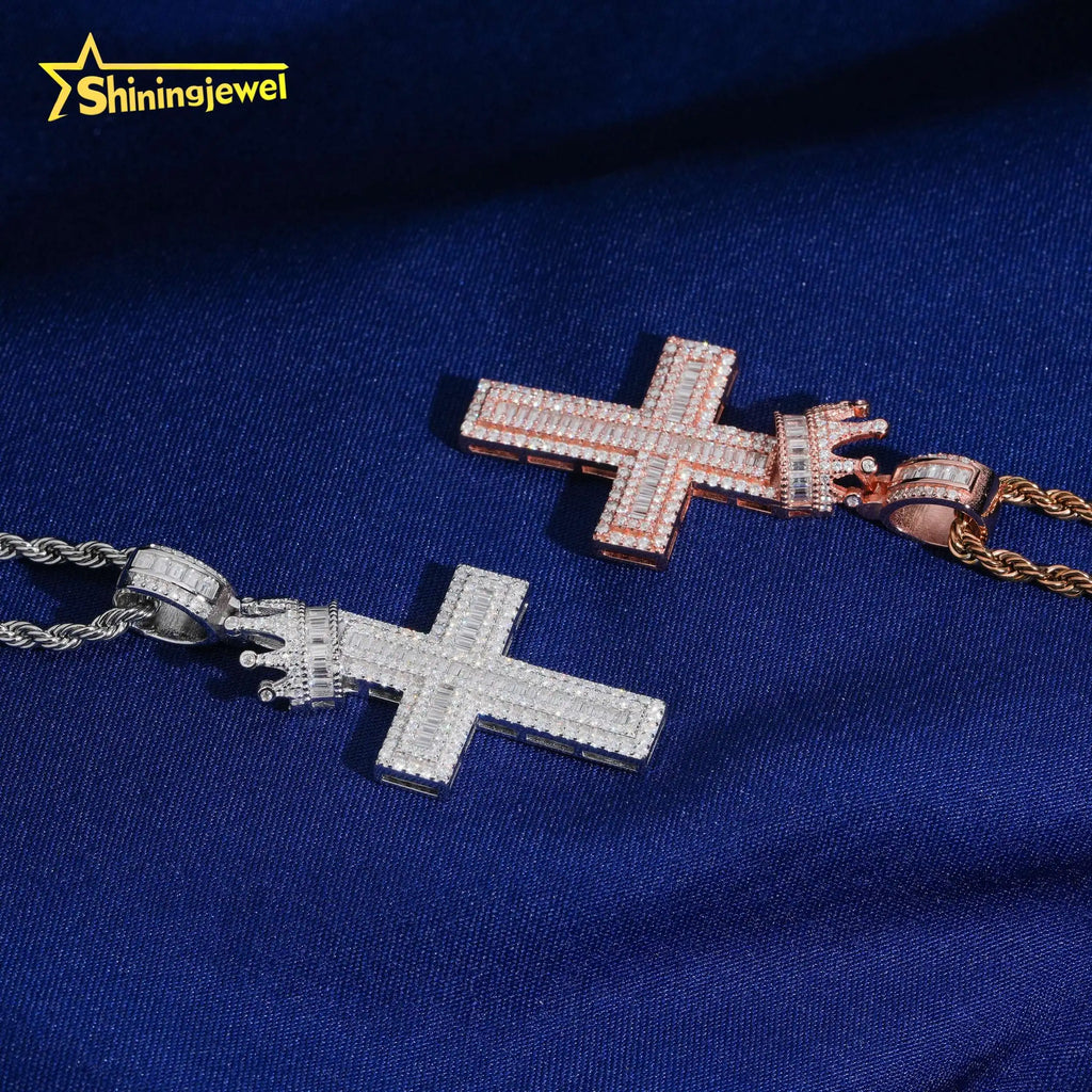 USA Local Stock Hot Sale Jewelry 925 Silver Moissanite Crown Cross Pendant Hip Hop Iced Out Baguette Diamond Pendant Pass Tester