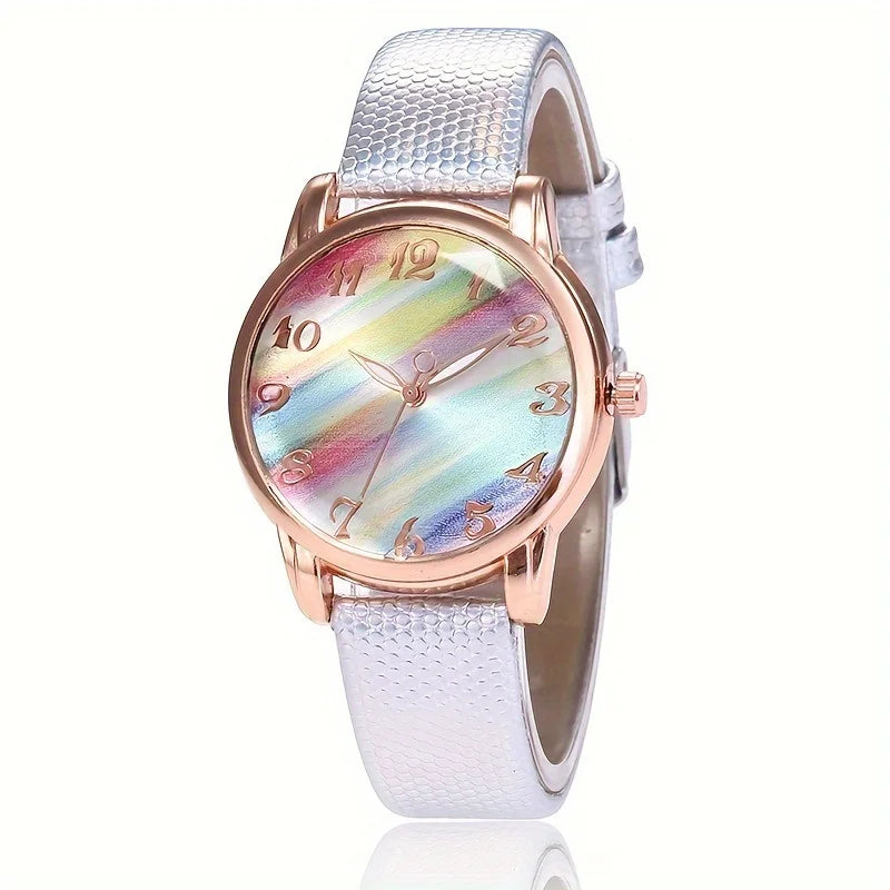 Candy Rainbow Quartz Watch for Women Casual Fashion Colorful Leather Strap Wristwatch Student Daily Ladies Watch