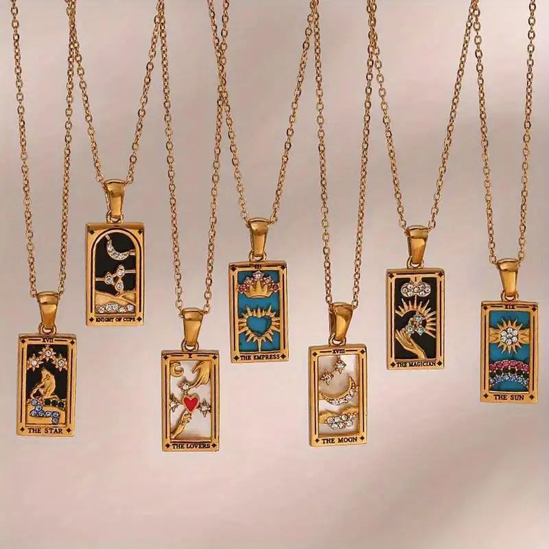 Elegant 18K Gold Stainless Steel Multi-Layered Tarot Card Holder Necklace with Adjustable Chian Holiday Party Jewellery Gift