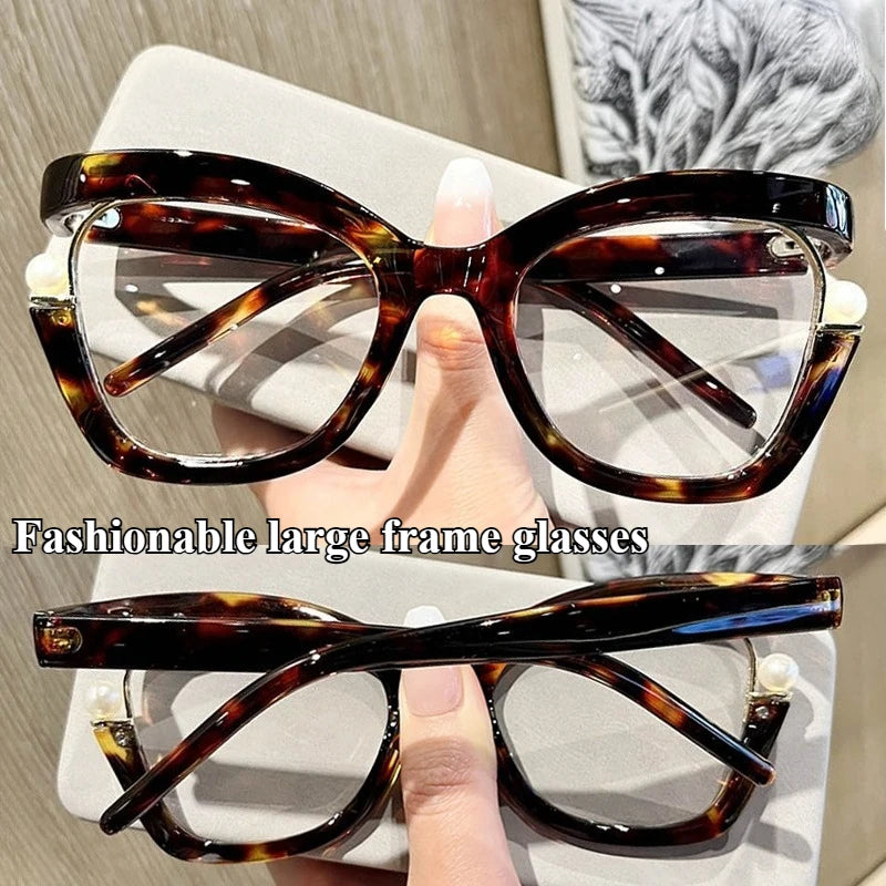New Large Frame Glasses with Fashionable and Trendy Pearl Embellishment Cat Eye Glasses, Ultra Light and Anti Blue Light