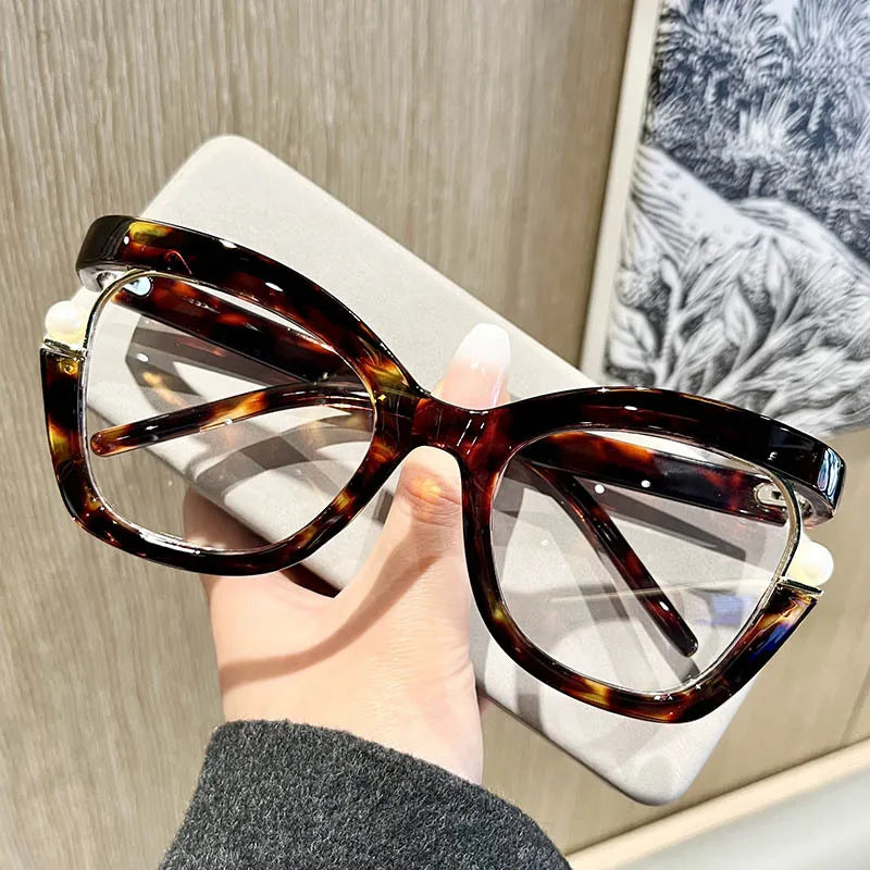 New Large Frame Glasses with Fashionable and Trendy Pearl Embellishment Cat Eye Glasses, Ultra Light and Anti Blue Light