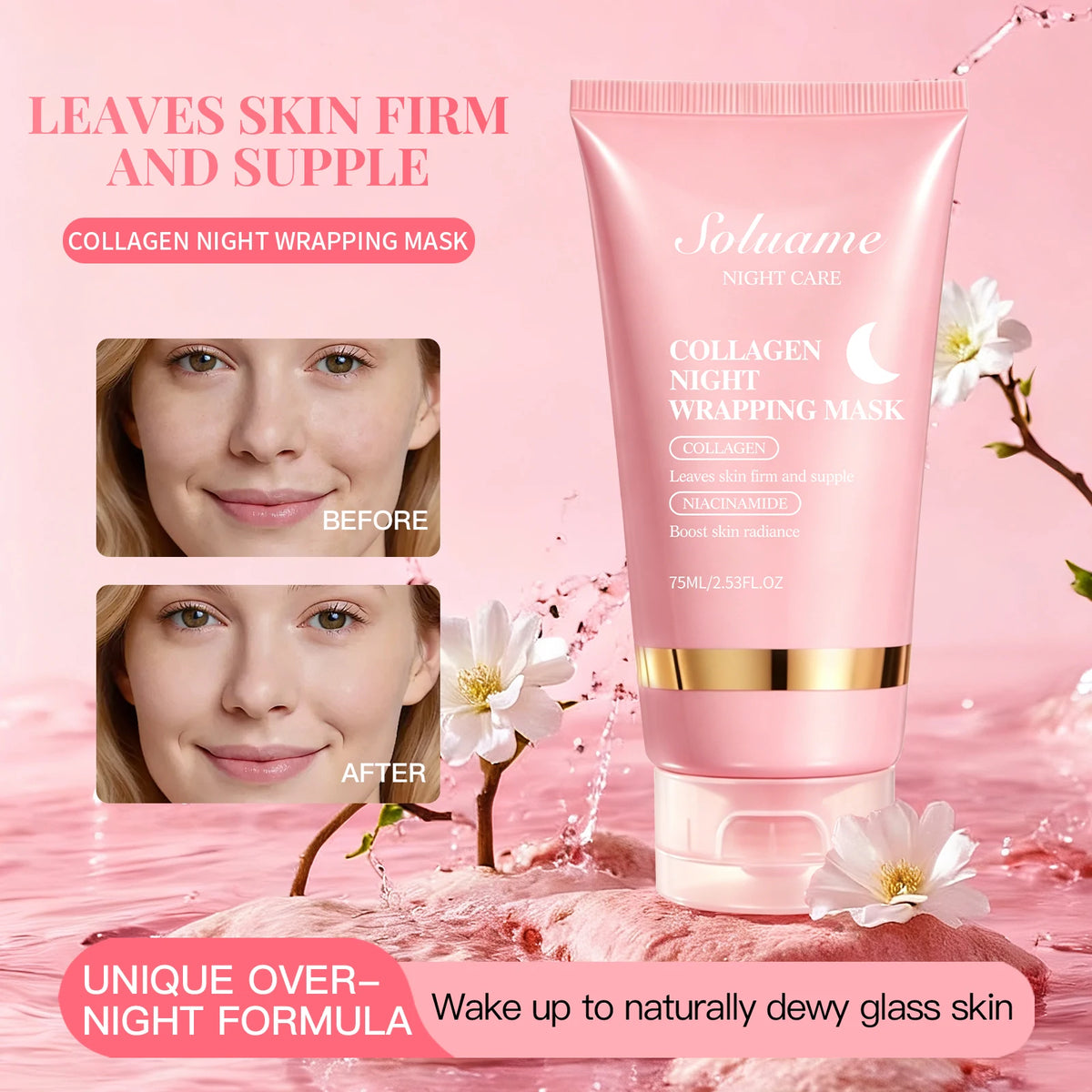 2Pcs Collagen Night Wrapping Mask Peel Off Overnight Collagen Face Mask Niacinamide, Sleeping Mask with Mask Applicator