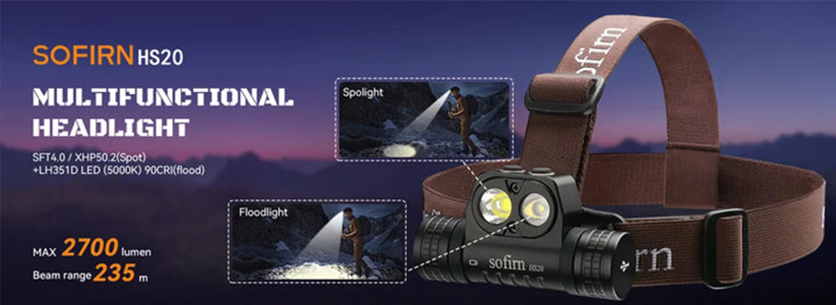 SOFIRN HS20 XHP50.2 LED Headlamp 2700lm Rechargeable USB C Flashlight Powerful Head Lamp Floodlight & Spotlight