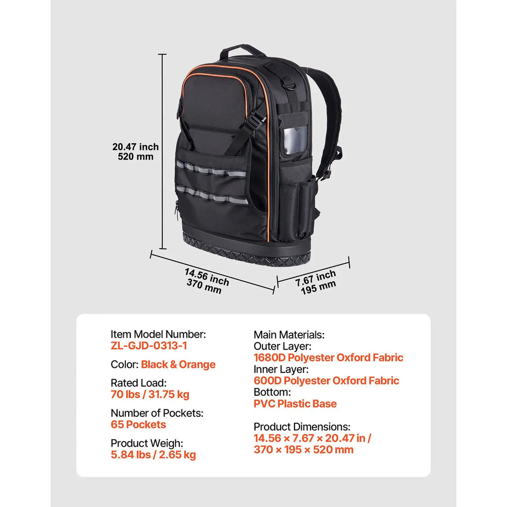 Heavy Duty PVC Tool Backpack with 65 Pockets Electrician JO Work Bags Organizer Molded Base Laptop Compartment OEM Customizable