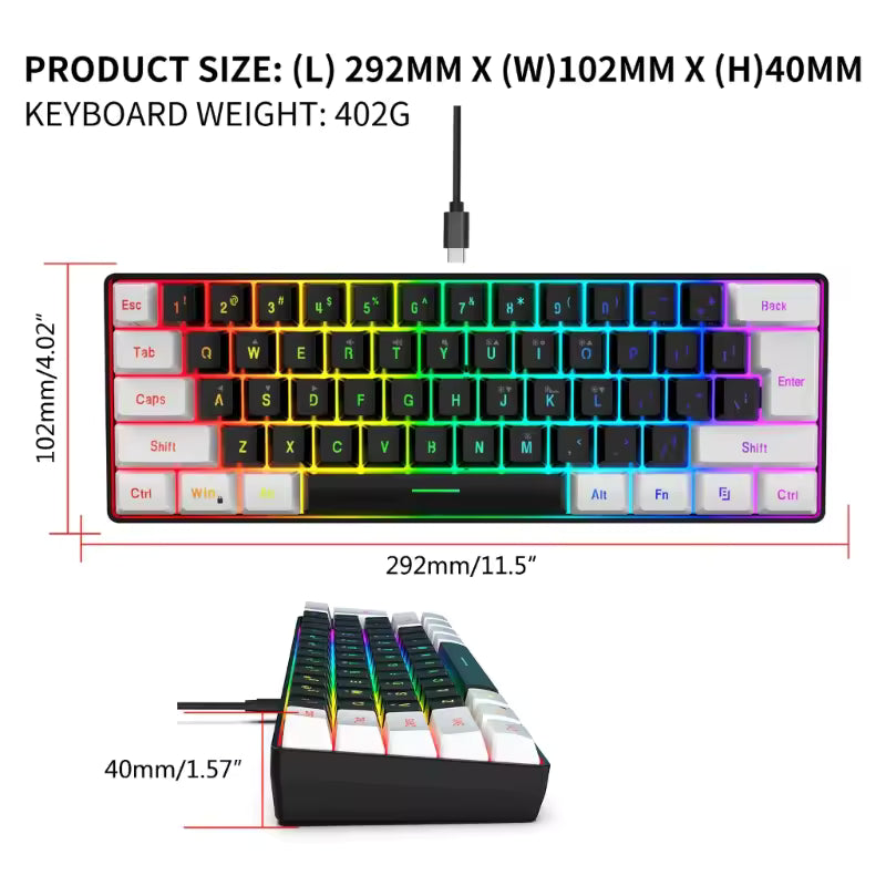 61-Key Compact Wired Gaming Keyboard (USB Plug and Play)