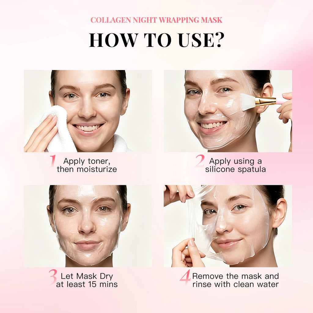 2Pcs Collagen Night Wrapping Mask Peel Off Overnight Collagen Face Mask Niacinamide, Sleeping Mask with Mask Applicator