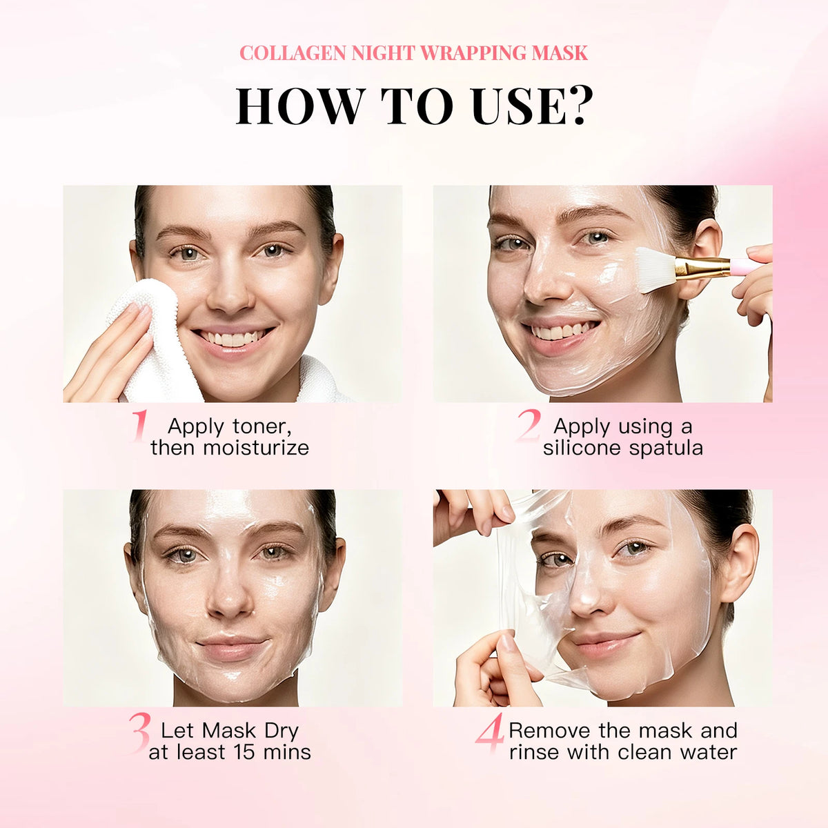 2Pcs Collagen Night Wrapping Mask Peel Off Overnight Collagen Face Mask Niacinamide, Sleeping Mask with Mask Applicator
