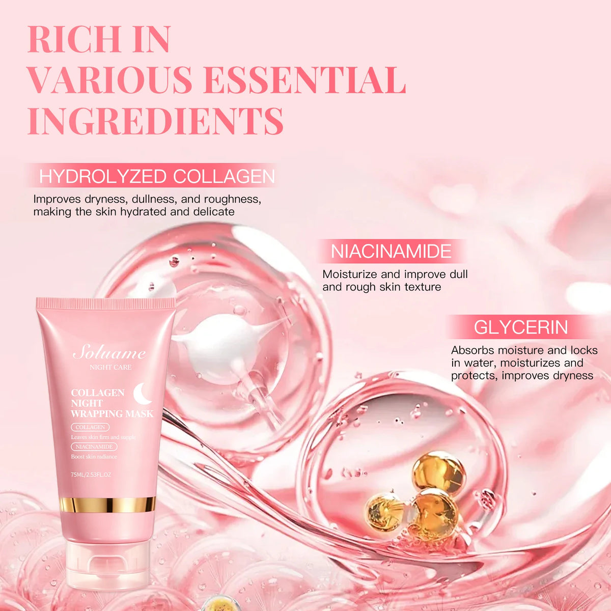 2Pcs Collagen Night Wrapping Mask Peel Off Overnight Collagen Face Mask Niacinamide, Sleeping Mask with Mask Applicator